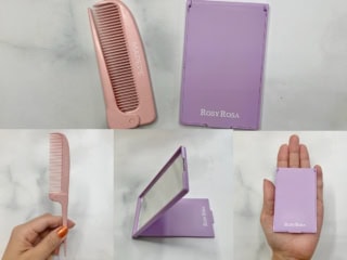 右から：ロージローザ リアルックミラー ロマンスグレープ ￥770、マペペ コンパクトポケットコーム ￥550