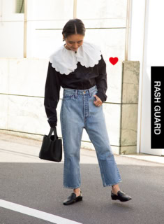「コラボで作ったラッシュガードは普段から活躍。大きな襟がポイントに」Aya Kaneko×Ocean Pacific×OSHMAN’Sのラッシュガード、MADISONBLUEのデニムパンツ、HERMÈSのバッグ、Dhyana.のローファー
