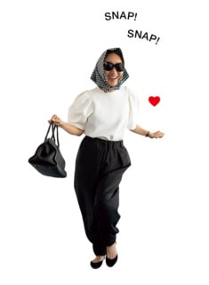 「白Tよりもデザイントップスのほうが着やすいお年ごろ♡」COUDREのトップス、mtmodelistのパンツ、OLD CELINEのサングラス、Aya Kaneko×Ocean Pacific×OSHMAN’Sのノベルティのスカーフ、THE ROWのシューズ