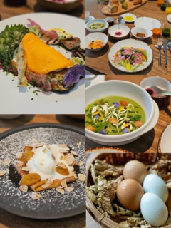 朝採れ野菜のサラダ、アスパラガスのスープ、デザートはラムとバナナのクレープ