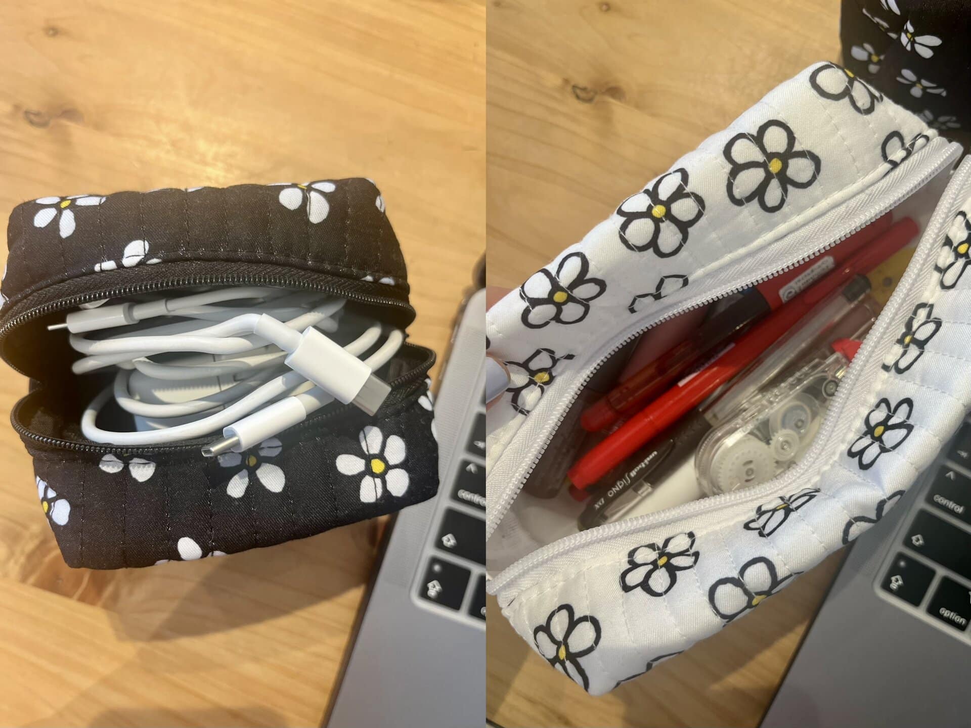 小さめポーチはPCアダプターなどがシンデレラフィットでしたし、大きいポーチは筆記具やリップといった色々なアイテムをガサッと入れられるのが便利でした！