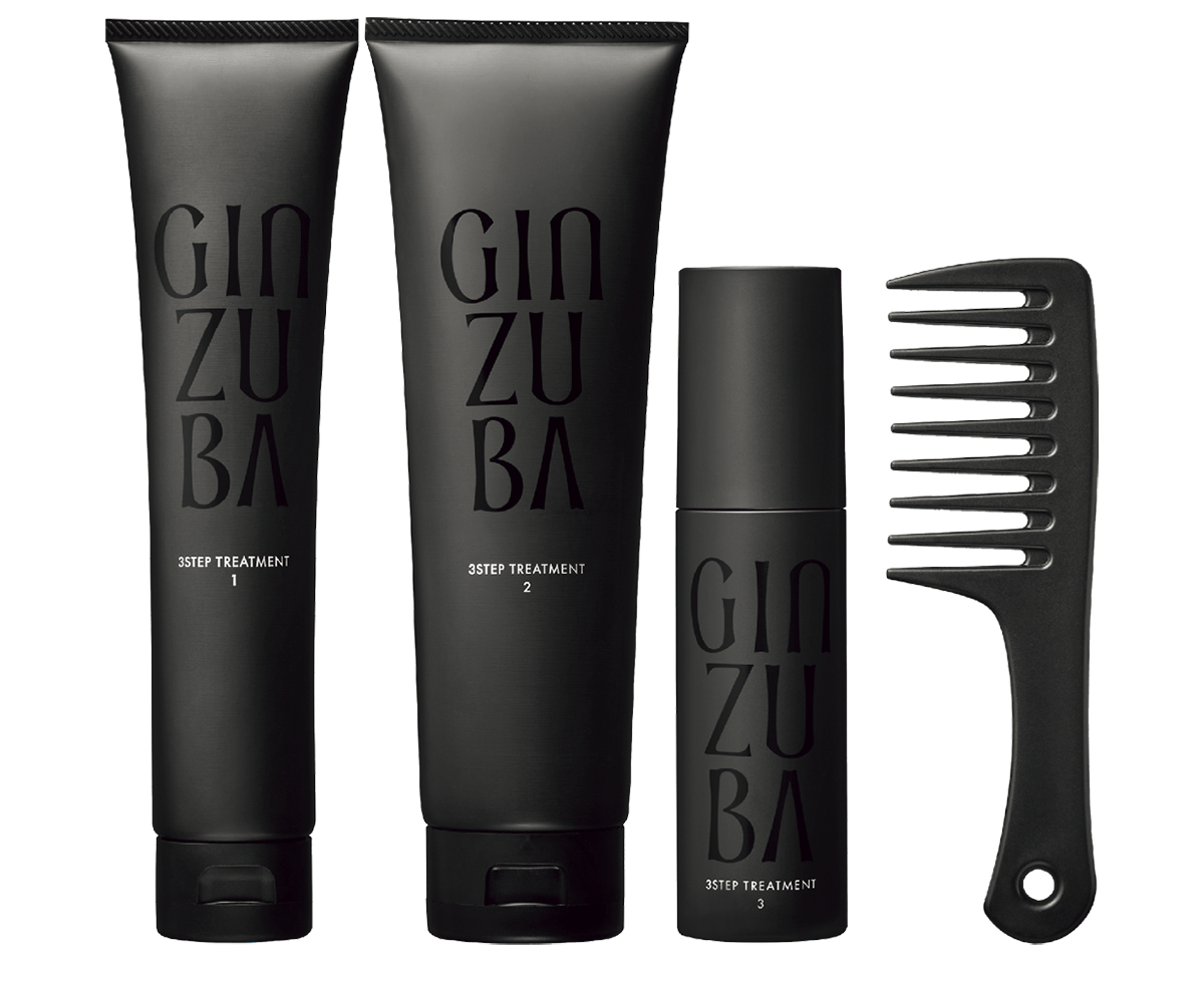 サロン発想の3種を塗り重ねる補修ケア。GINZUBA 3ステップ トリートメント（ジェル 120mL・マスク180mL・オイル 60mL・コーム） ¥15,400※セット価格（ギンズバ）