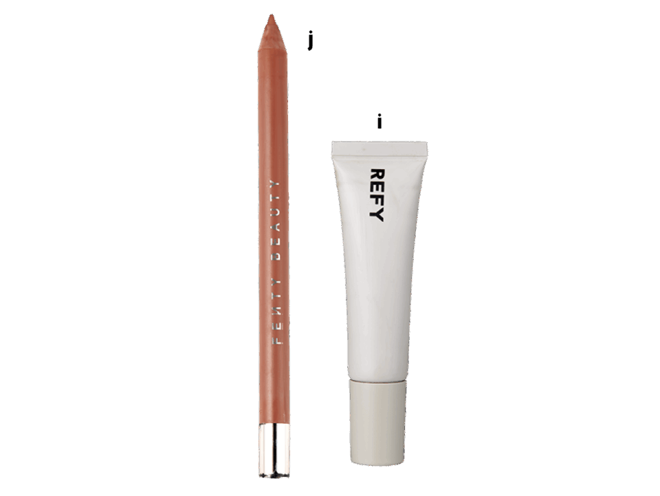 i REFYのリップグロス FAWN　j FENTY BEAUTYのTRACE’D OUT ペンシルリップライナー PUNT BUTTAは本人私物