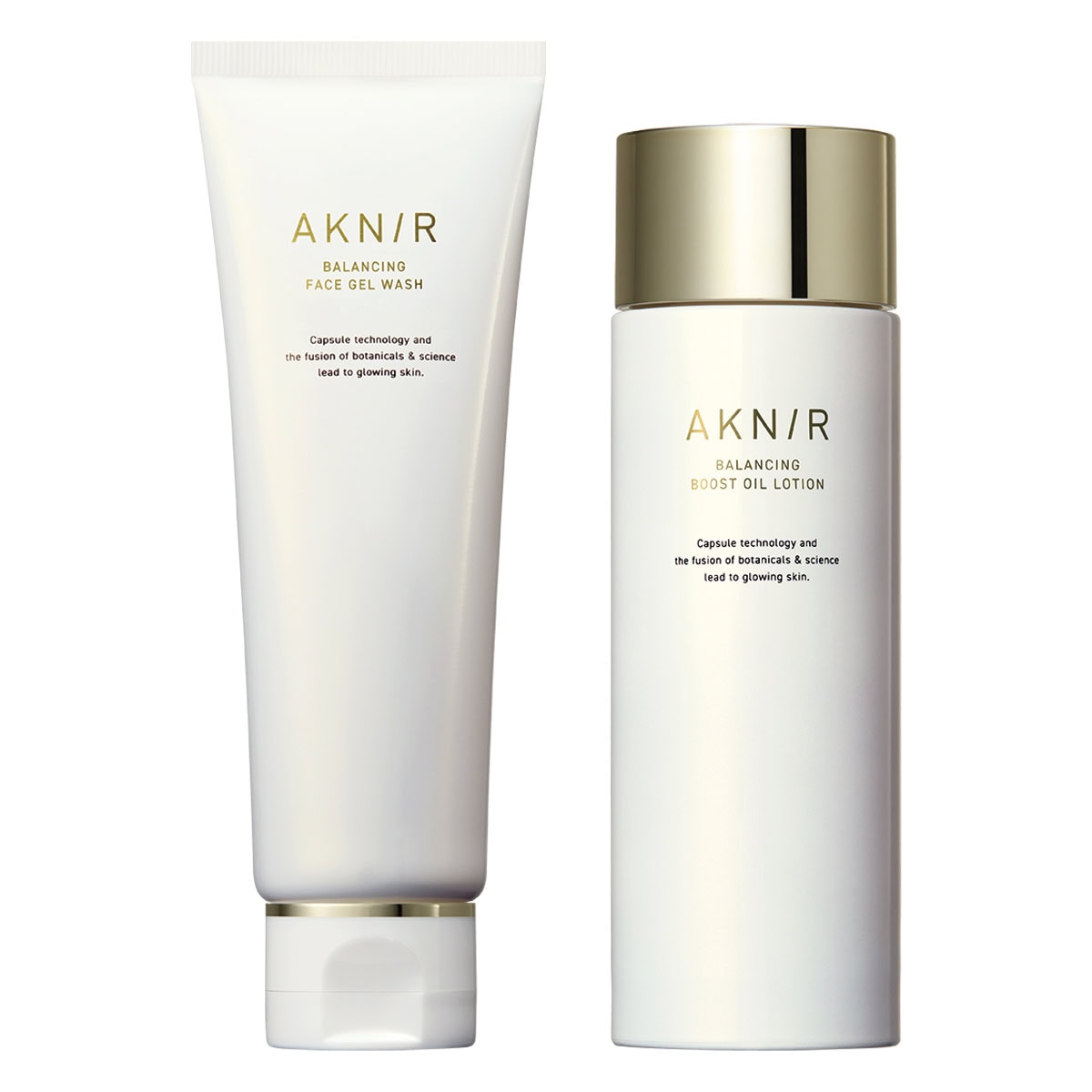 右から：バランシング ブーストオイルローション 110mL ¥4,950、同 フェイスジェルウォッシュ 80g ¥4,400（共にAKNIR）