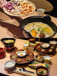 にんじん、かぼちゃ、椎茸、2種の大根など干し野菜をふんだんに使った滋味深い鍋に加え、きびのほう葉蒸し、鮎の甘露煮、めしどろぼう漬けなど、カラダが喜ぶバランスのいいお膳