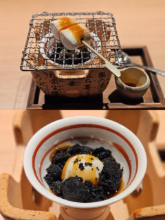 デザートは七輪の網の上に焼きマシュマロがのっていて、みたらし餡をかけていただくスタイル