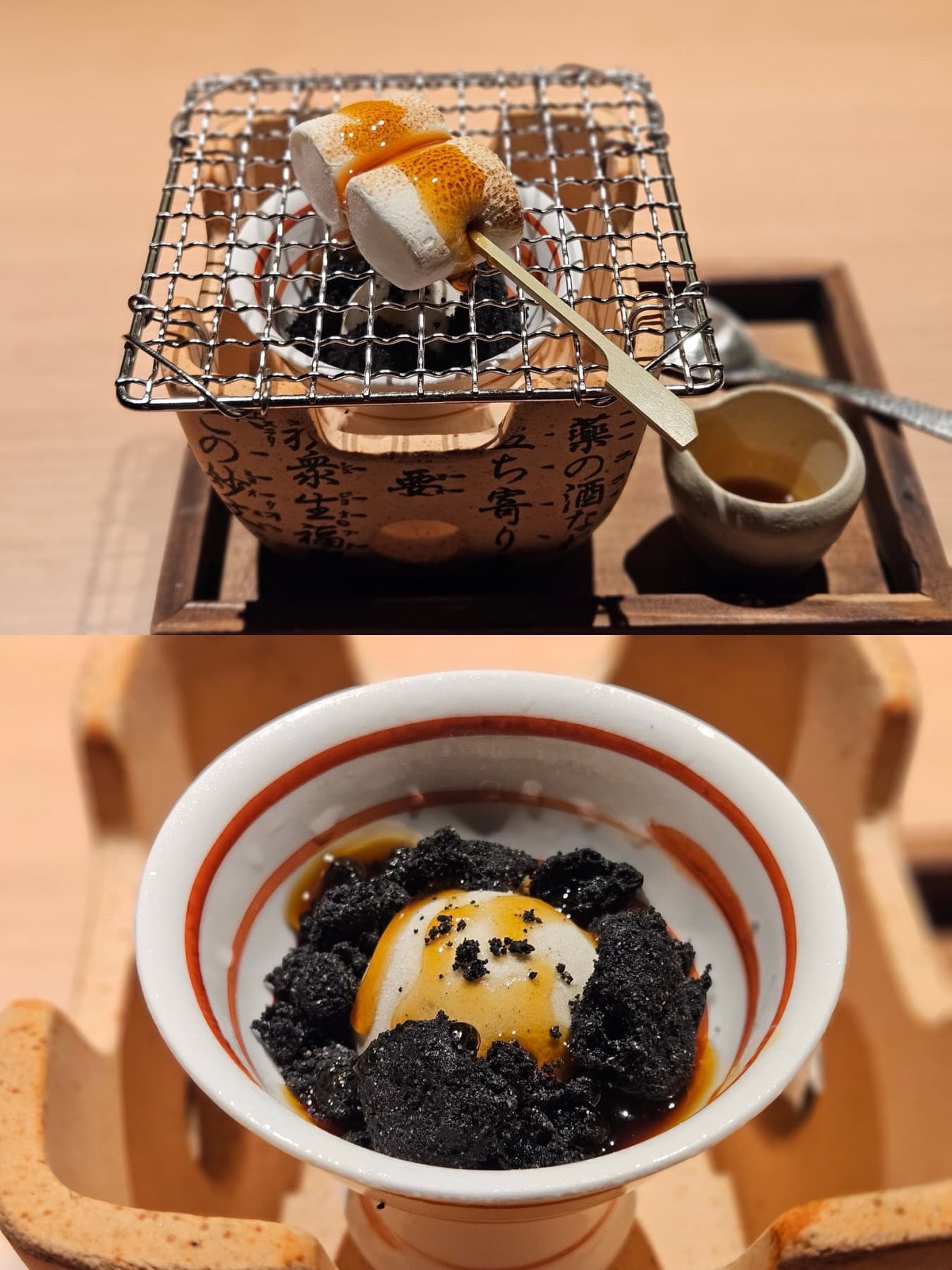 デザートは七輪の網の上に焼きマシュマロがのっていて、みたらし餡をかけていただくスタイル