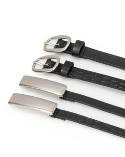 上からSMOOTH BUCKLE METAL BELT 18MM￥16,500、CROCO BUCKLE METAL BELT 18MM￥16,500、SMOOTH RECTANGLE METAL BELT 13MM￥15,400、CROCO RECTANGLE METAL BELT 13MM￥15,400（全てMAISON CANAU）