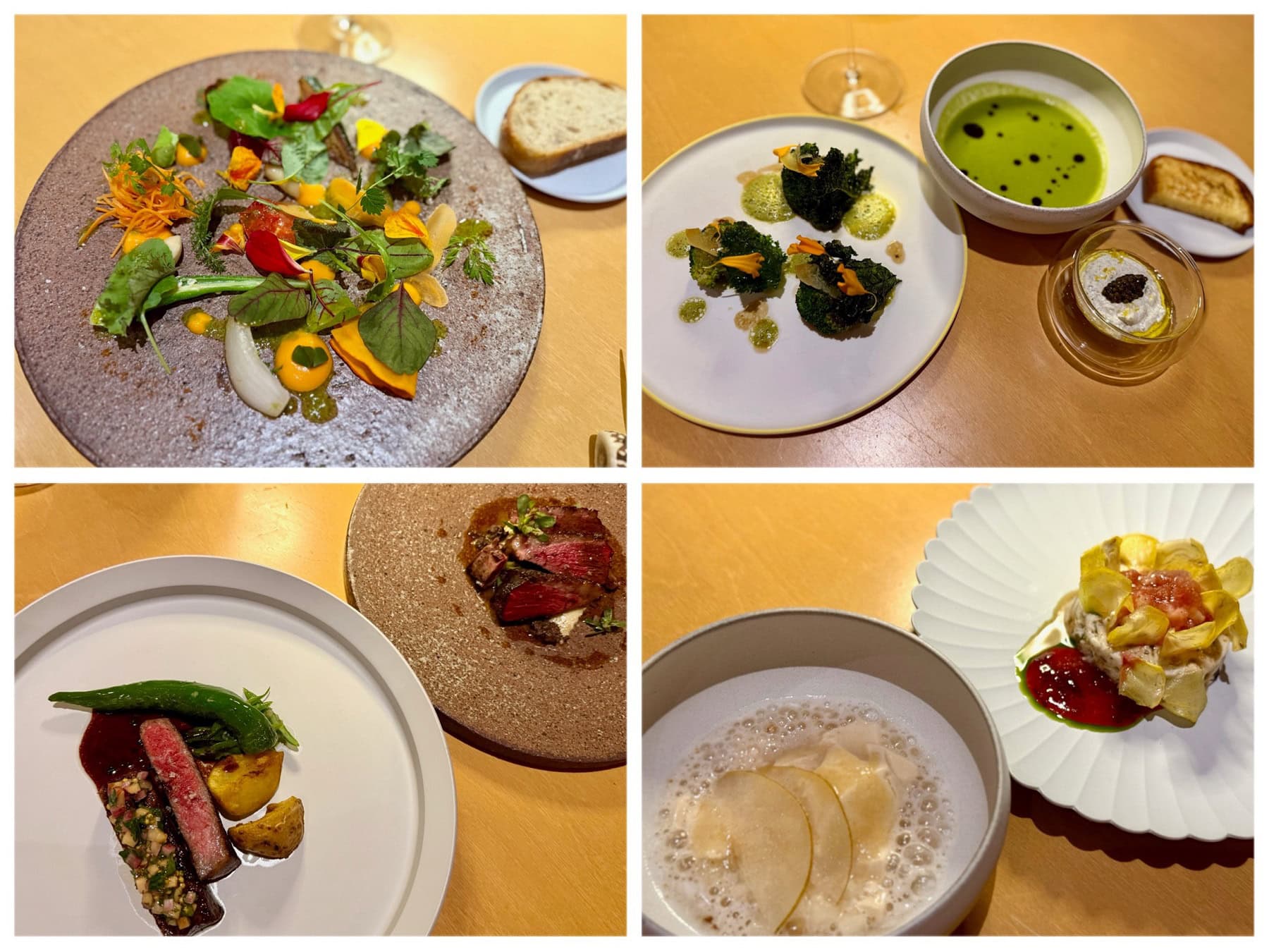軽井沢、嬬恋、小諸、佐久、茅野、松本から取り寄せた食材を中心に使った、サラダ、前菜、メインディッシュ、デザートの「４品コースディナーメニュー」は9,500円（税・サービス料別）。