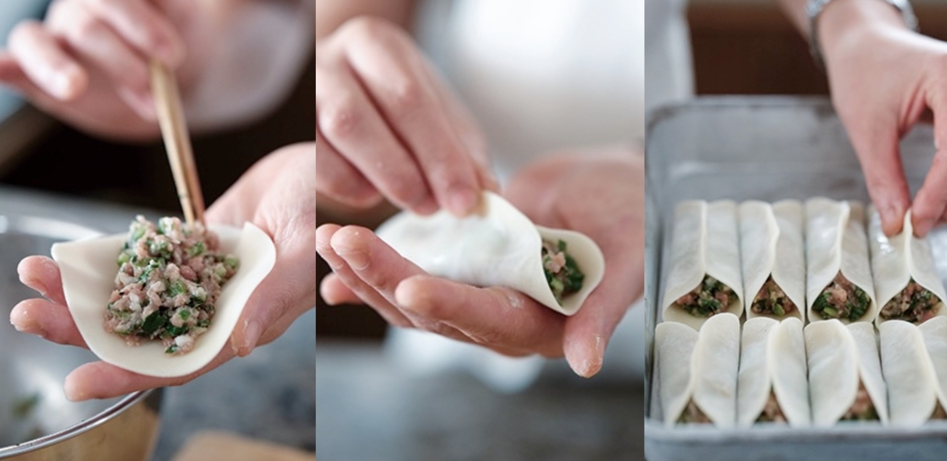 棒餃子は皮に肉だねをのせたら、包まずに両端を留めるだけでOK。肉だねを皮にのせる際は菜箸を使うと、くっつきにくく作業しやすい。