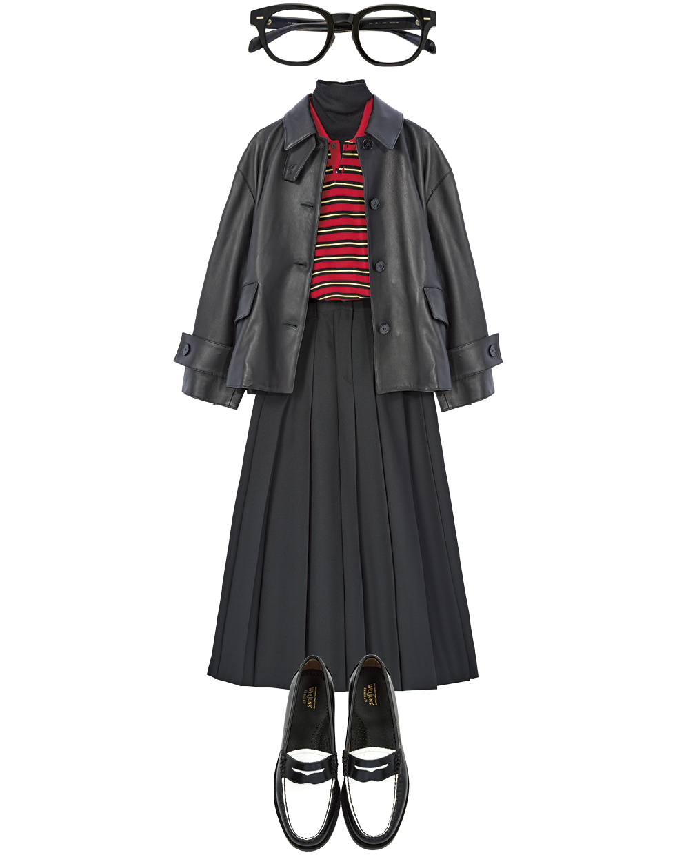 レザージャケット¥217,800（マッキントッシュ／マッキントッシュ 六本木ヒルズ店）、ポロニット¥30,800（キャバン／キャバン 丸の内店）、中に着たタートルネックニット¥51,700（シックススリーナインセブン／S＆T）、スカート¥26,400（ジャーナル スタンダード レサージュ／ジャーナル スタンダード レサージュ 銀座店）、メガネ¥19,800（ザ ベッドフォード ホテル／キングスター）、ローファー¥34,100（ジーエイチバス／ジーエイチバス トウキョウ）