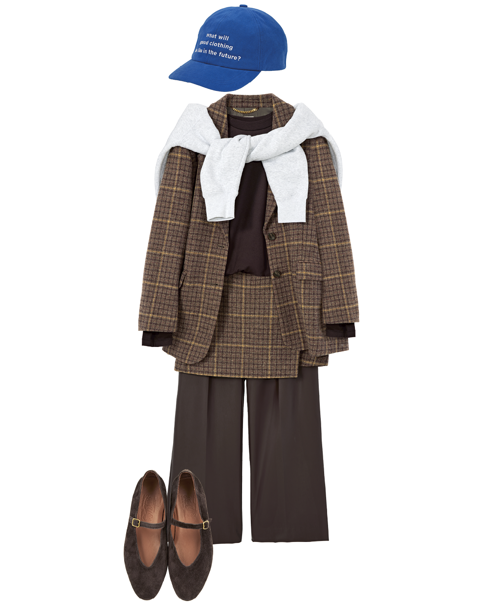 パンツ¥38,500（ジーヴィージーヴィー／grapevine by k3）、ジャケット¥58,300、スカート¥24,200（共にジャーナル スタンダード レサージュ／ジャーナル スタンダード レサージュ 銀座店）、Tシャツ¥18,700（エイトン／エイトン青山）、肩に掛けたスエット※参考商品（ユナイテッドアスレ／キャブ）、キャップ¥3,960（シテン／ユナイテッドアローズ カスタマーサービスデスク）、シューズ¥31,500（トゥティエ）