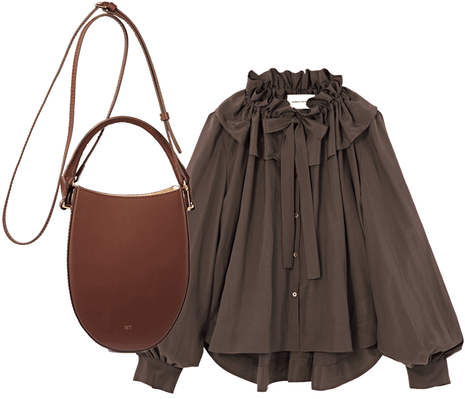 左から：ユニークなフォルム。バッグ¥28,600（パフト／アダム エ ロペ）、ブラウンならフリルだって甘さ控えめ。ブラウス¥26,950（イウエン マトフ／ユナイテッドアローズ 渋谷スクランブルスクエア店）