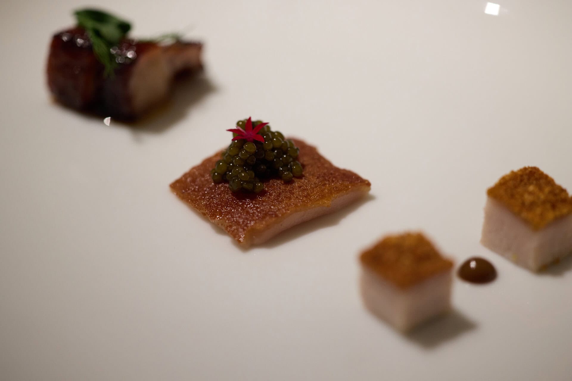 【SUMMER PALACE】前菜がいきなり肉なのよ。奥からバーベキューイベリコ豚、真ん中はカリカリに焼いたポークベリーにキャビアをのっけたもの、右はカリカリに焼いた子豚だそうです。