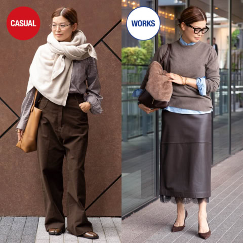 「旬ブラウン」のシャツとパンツに「グルグル巻きストール」で差がつく【洗練トラッド】に♡