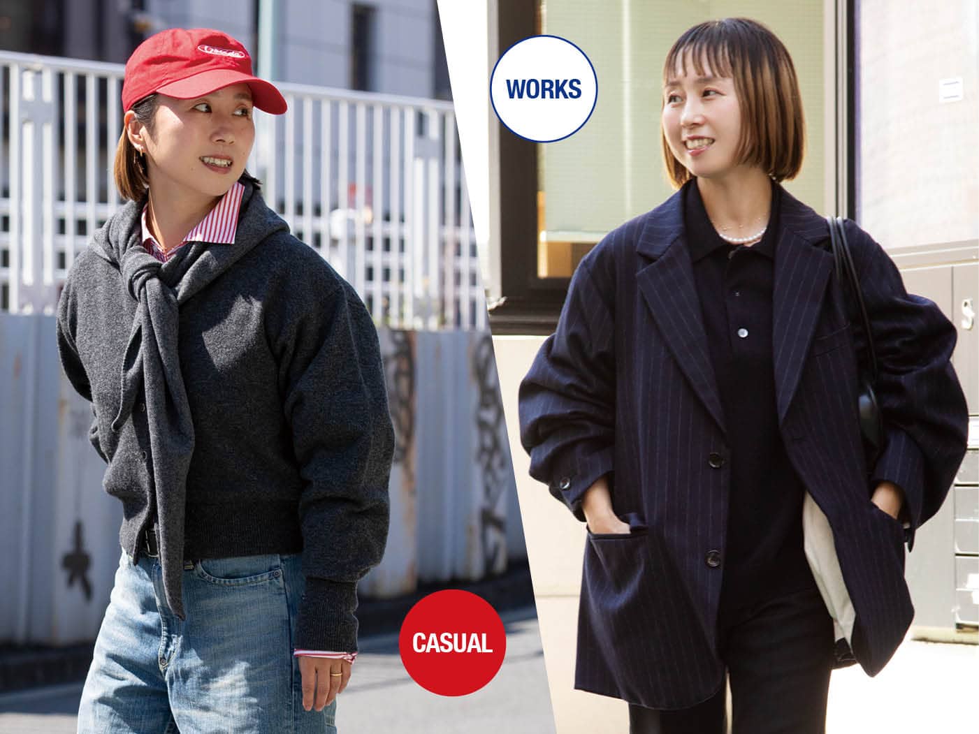 キャップ、三角ストールの旬アイテムコーデも「グレー×赤」の色使いで【大人洗練トラッド】に！