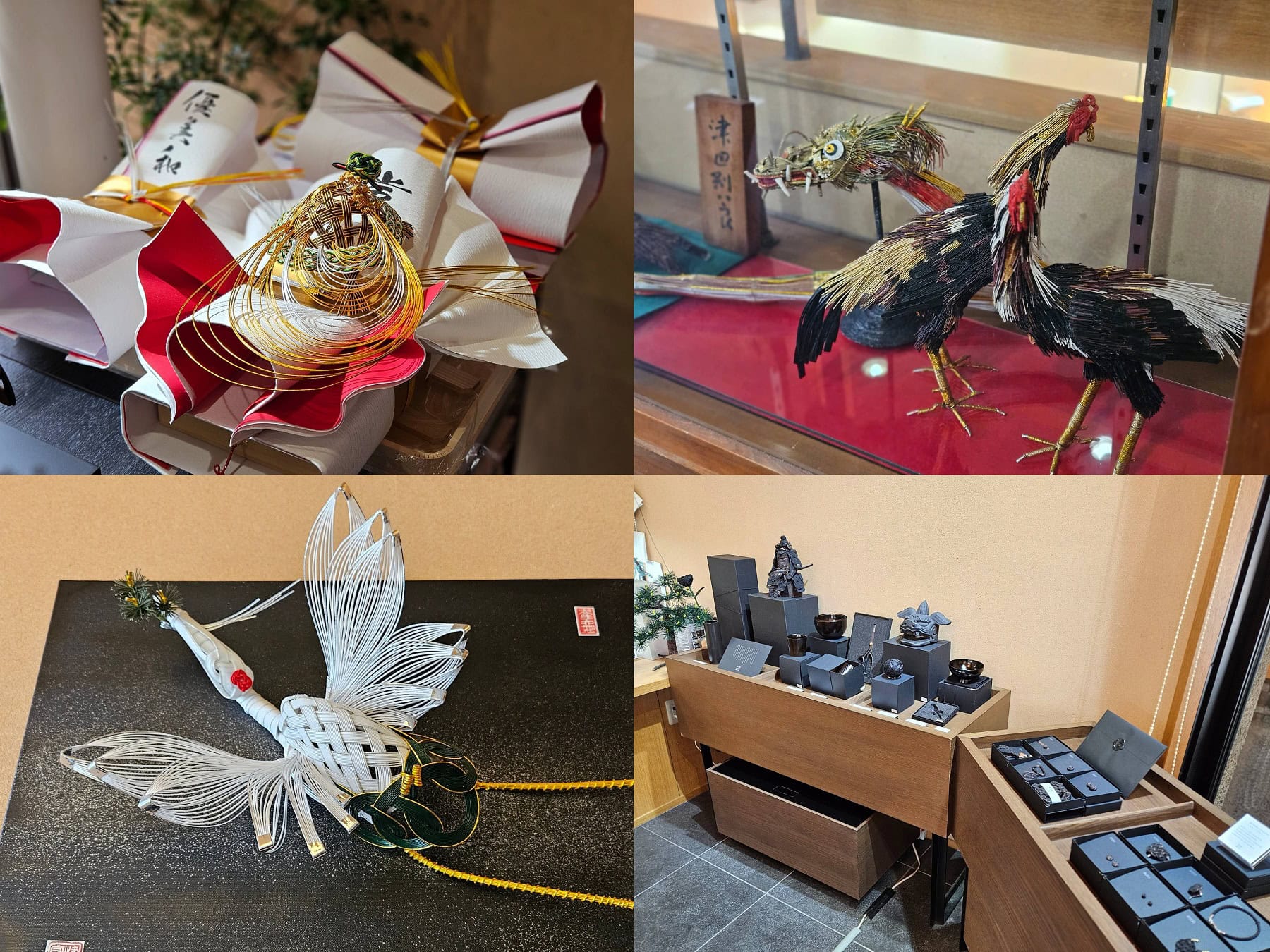 もともとは結納などお祝いの品を献上する際などに、和紙を立体で折って包んで、立体的な水引で結んで飾り付け、美しい書を添えるのが「加賀水引」の流儀(写真左上)。店内には独創的で斬新すぎる水引作品の展示もあり、目を奪われます。加賀水引を応用した多彩な商品が並ぶ中、シックな黒のアイテムが並ぶコーナーが圧巻で印象的でした(写真右下)。