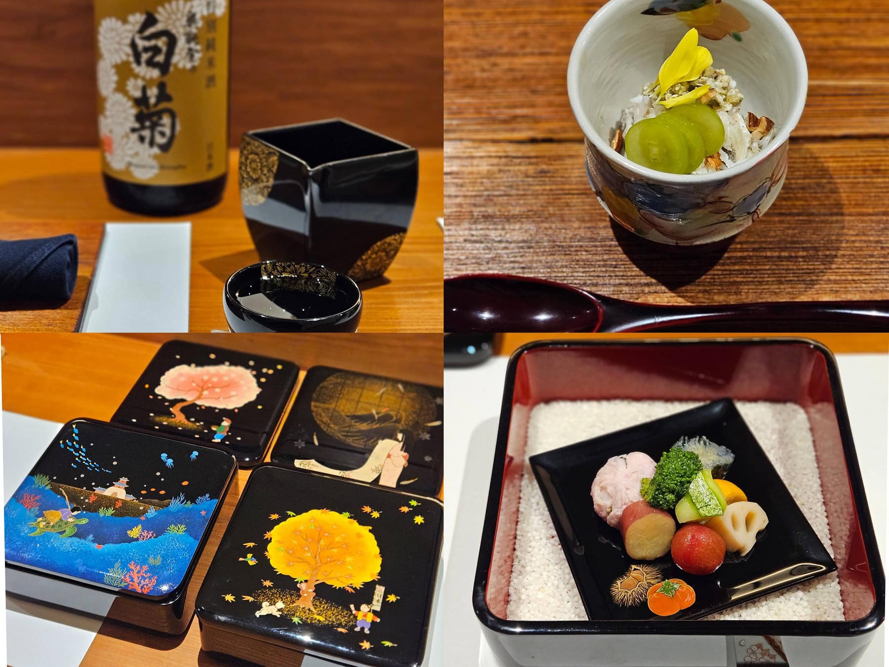 ここの日は、毛ガニとシャインマスカットの白和えの先付からスタートし、加賀野菜の炊き合わせ。金時草を練り込んでほんのり紫に色づいたポテトサラダもユニーク。