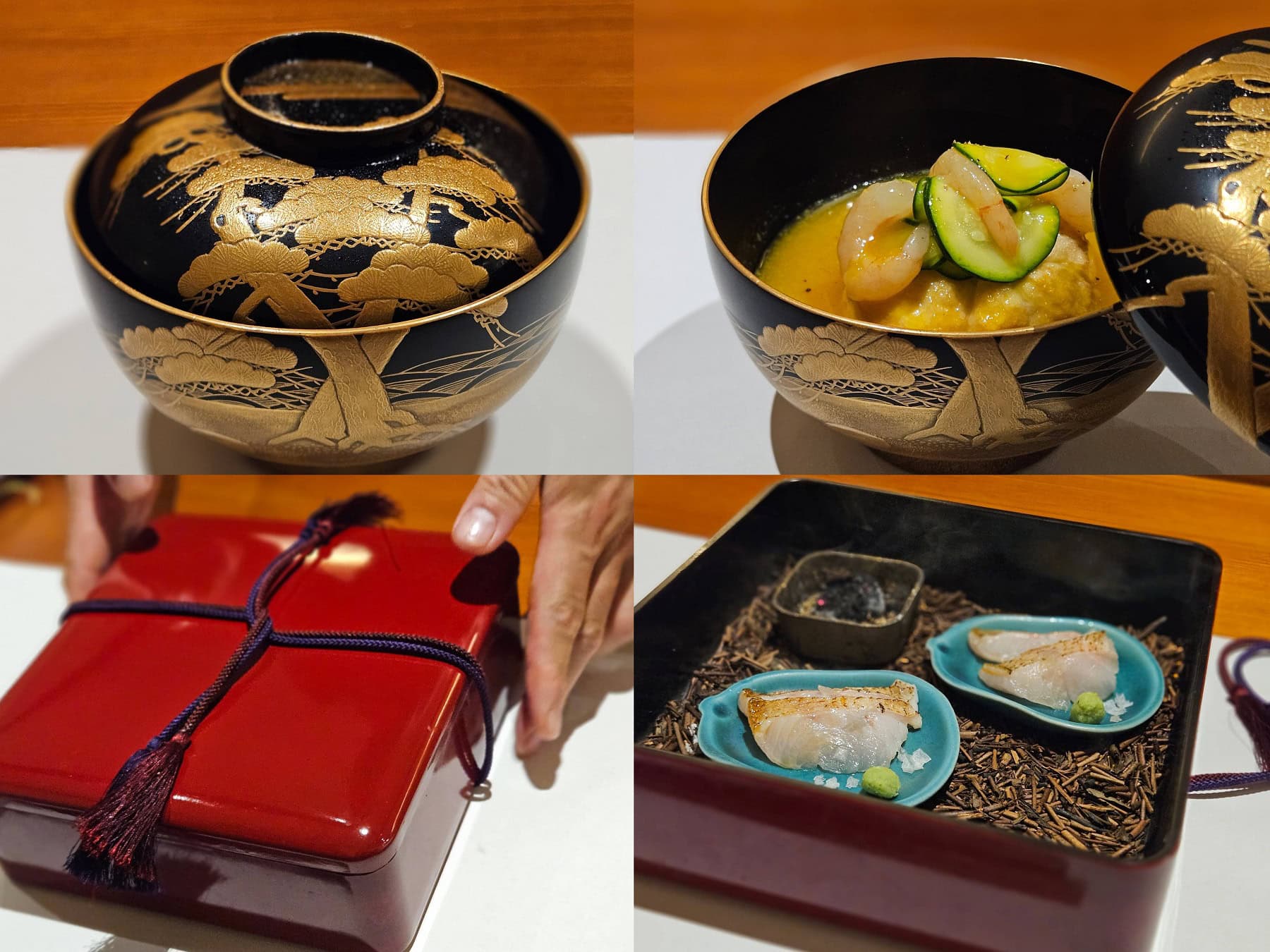 能登のかぼちゃと甘エビのすりながし、のどぐろの刺身は加賀棒茶の香りで「これぞ金沢！」な香り高い燻製に。