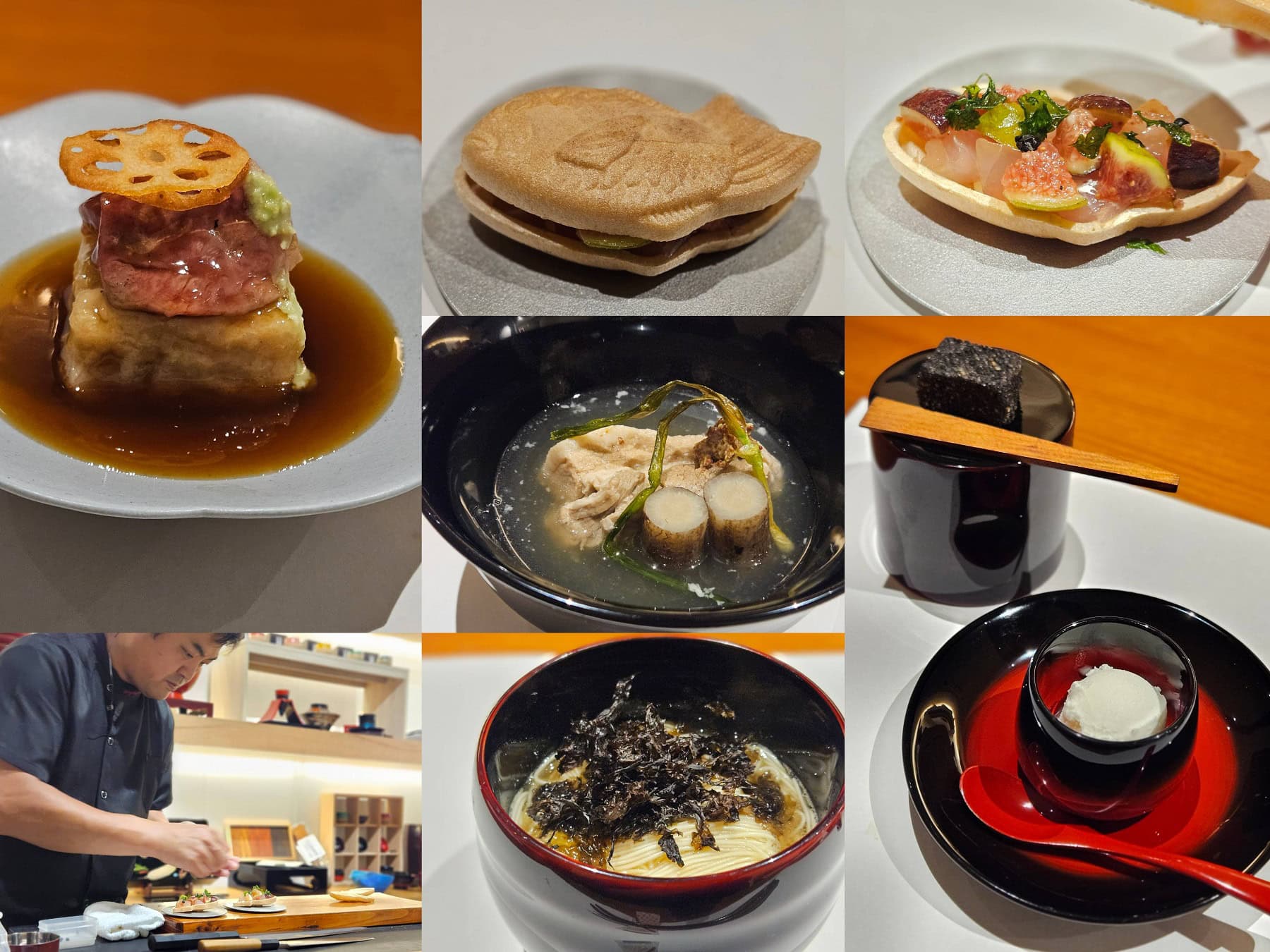 たい焼きの中には、能登の鯛の昆布締めに、無花果やクリームチーズをまるで宝石箱のように詰めて…。お出汁も最高においしかった能登豚とごぼうの煮物には金沢のマスタードを添えて。メインは能登牛の炭火焼きにれんこんのすりおろしの揚げ出しに、石川県の郷土料理でもある治部煮のあんをかけて…。〆には鶏ガラと大野醤油を使ったスープのにゅうめん。そしてデザートは能登の酪農家さんのフレッシュミルクのアイスクリームに、能登の漆に見立ててた黒ごまの生チョコレート。