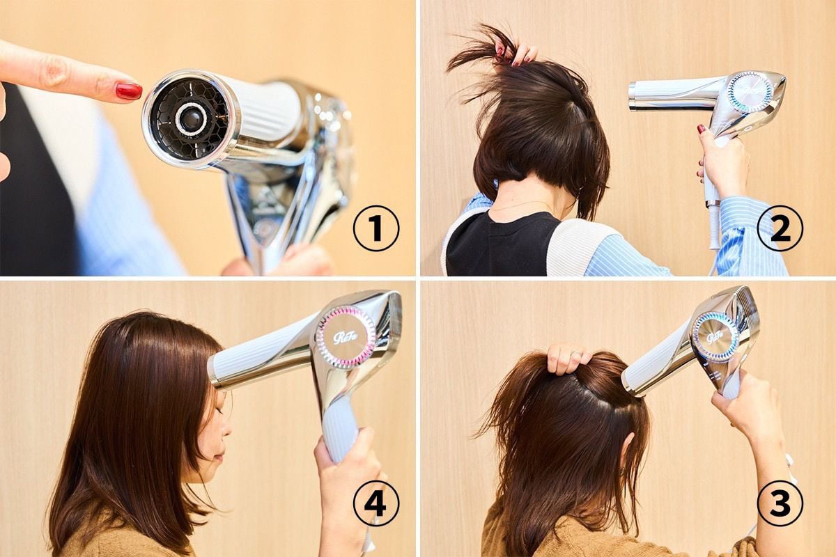 ①吹き出し口の中央に対象物センサー、本体に環境温度センサーが内蔵されていて、頭皮や髪の表面温度、さらに周辺の温度も感知し、自動でコントロール。②風量は3段階から選ぶことができ、風の質も量も前モデルよりもパワフルに!③プロ級の仕上がりを叶える3つのモードを搭載。ドライの最初はSCALPモードで頭皮から。④中間~毛先は好みの仕上がりに応じて使い分け。しっとり仕上げたい場合はMOISTモードを、ふんわり仕上げるのならVOLUME UPモードを。