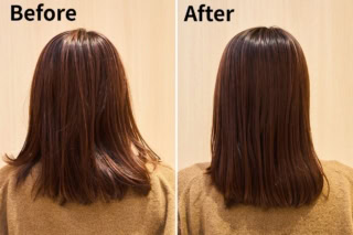 広がりやすい髪もしっとりまとまって、パサつきも目立たない仕上がりに。