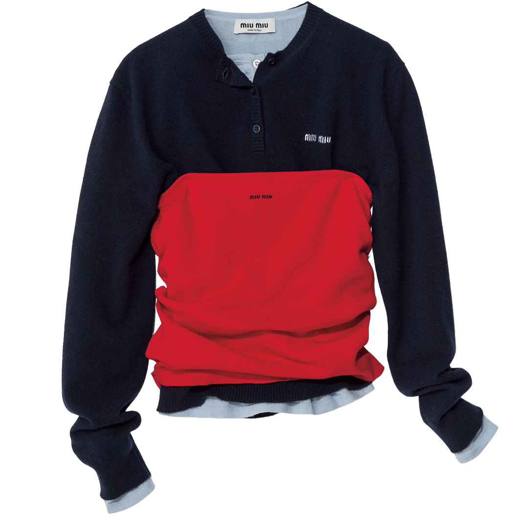 「カラーリングも素敵なんです」上から：ビスチェ¥138,600、ニット¥313,500、ポロニット¥258,500※全て予定価格（全てミュウミュウ／ミュウミュウ クライアントサービス）