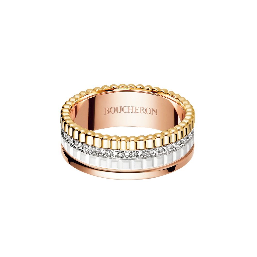 「見るたびに欲しくなる！」リング〈キャトル ホワイト〉［K18YG×K18WG×K18PG×ホワイトセラミック×DIA］¥1,148,400※予定価格（ブシュロン）