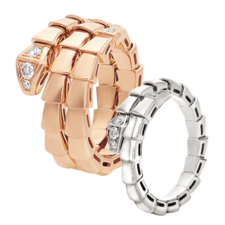 左から：リング〈セルペンティ ヴァイパー〉［PG×DIA］¥852,500、［WG×DIA］¥682,000（共にブルガリ／ブルガリ・ジャパン）