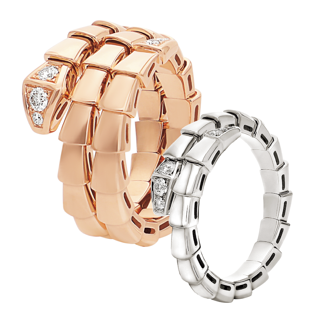 左から：リング〈セルペンティ ヴァイパー〉［PG×DIA］¥852,500、［WG×DIA］¥682,000（共にブルガリ／ブルガリ・ジャパン）