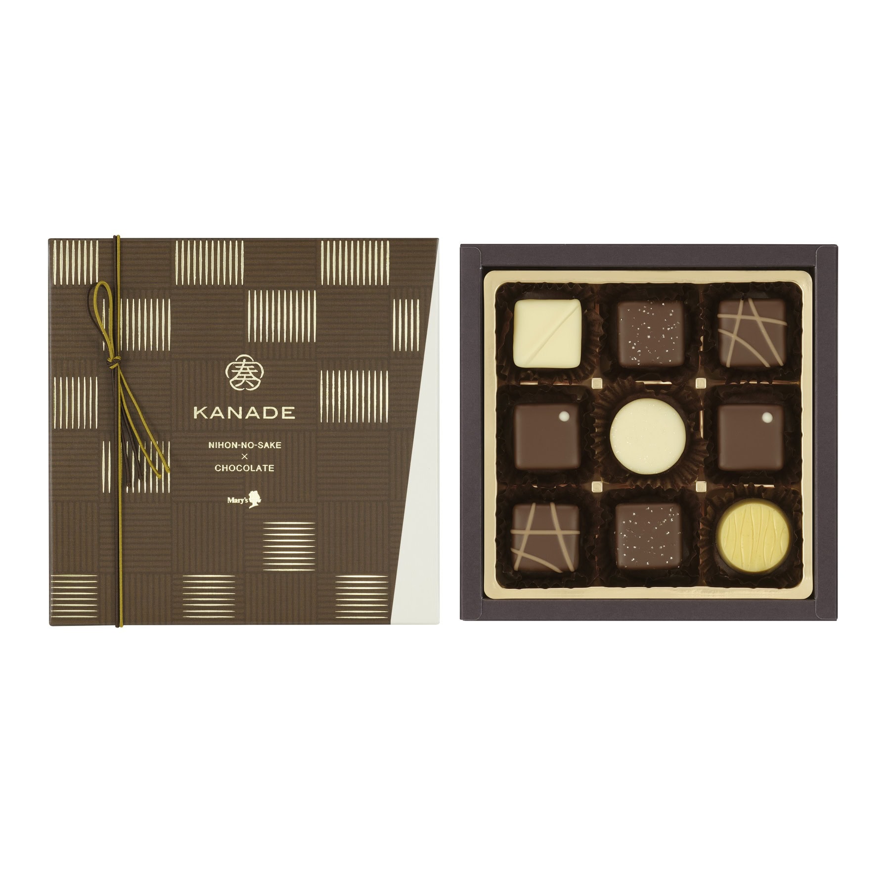 日本酒、焼酎、泡盛など、日本のお酒とチョコレートの融合を楽しめます。日本の酒コレクション 9 個入 ￥1,620※2026年1月上旬より全国百貨店・量販店の対象店舗で販売を予定