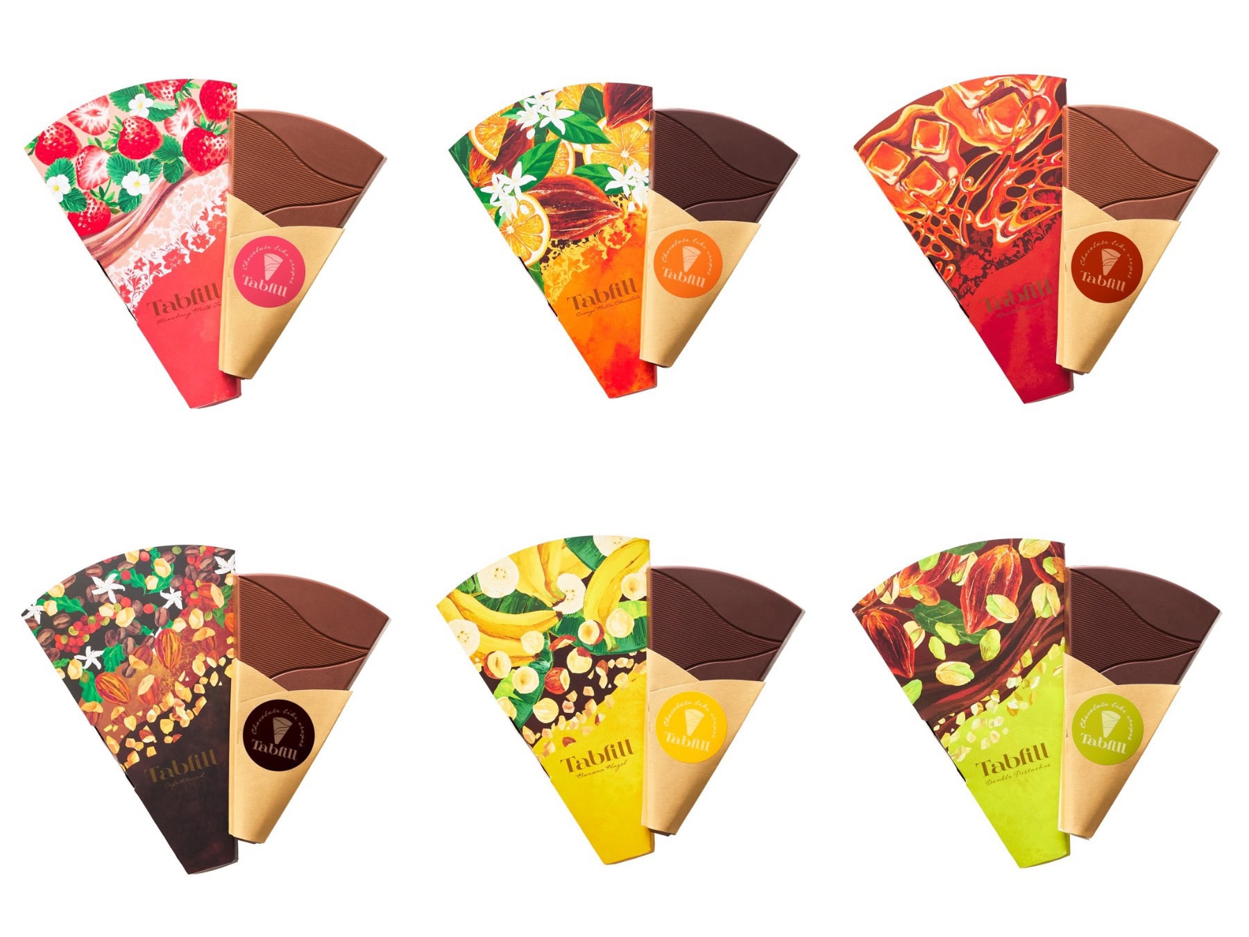 フレーバーは、ストロベリーミルクティー、オレンジビターショコラ、ダブルキャラメル、カフェアーモンド、バナナヘーゼル、ダブルピスタチオの6種。タブフィル 全6種 各1個 ￥1,296