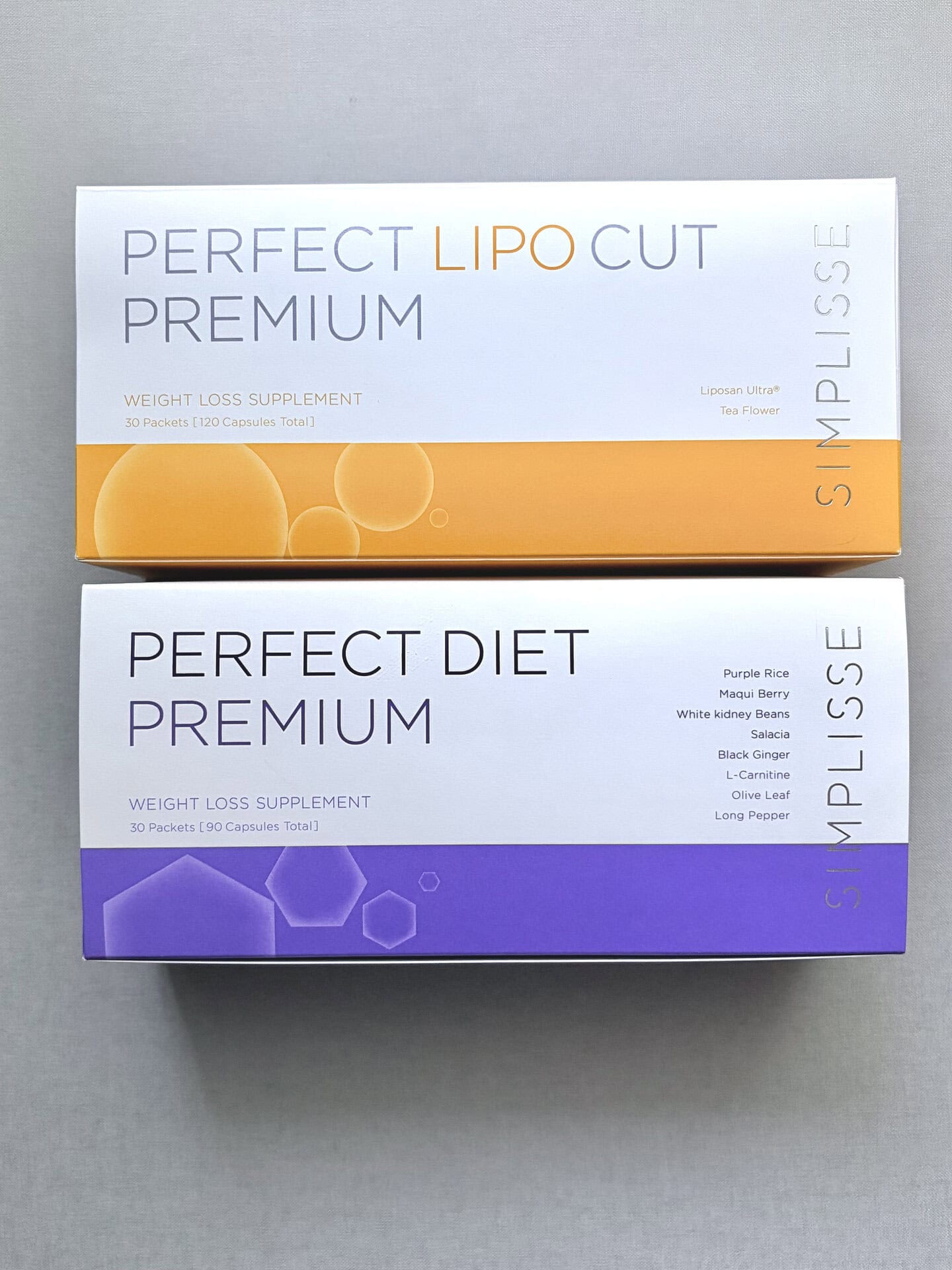 シンプリス パーフェクト リポカット プレミアム 30袋／30日分 ¥9,500、同 パーフェクトダイエット プレミアム 30袋／30日分 ¥11,000