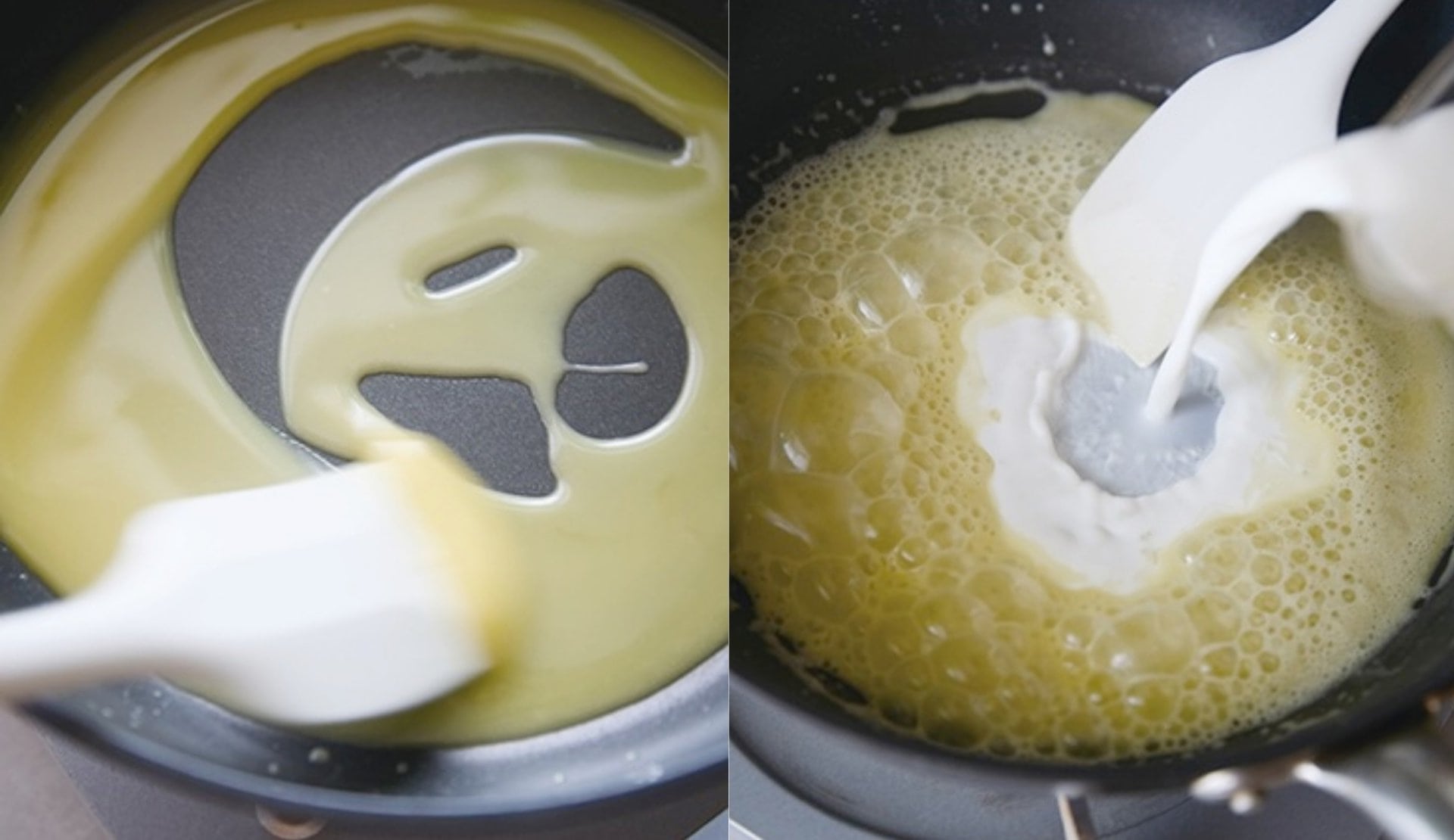 ダマにならない、滑らかなホワイトソースを作るコツは、オイルと粉がなじむまで混ぜてから加熱し、牛乳を少しずつ混ぜること！