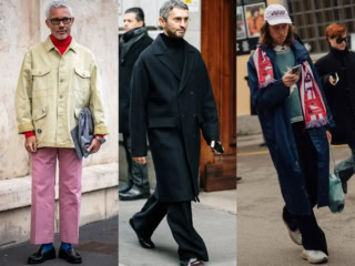 左／この春はカラーブロックも注目しているので、彼の色合わせはぜひ参考にしたいところ　中／サイズ感といい上質な素材感と言い、これぞ大人のブラックスタイルって感じなのが最高に好みです♡　右／カレッジ系のアイテムを街着に落とし込んでいるのがすごくお上手