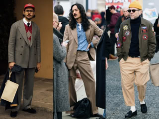 左／トラッドなセットアップをキャップでハズしているのが◎ 　中／スタイリングといい彼が醸し出している雰囲気といい、まさにパーフェクト！ 飾らないおしゃれが素敵です　右／この方はシルエットバランスがお上手。パンツ丈にも上級者の雰囲気が漂います