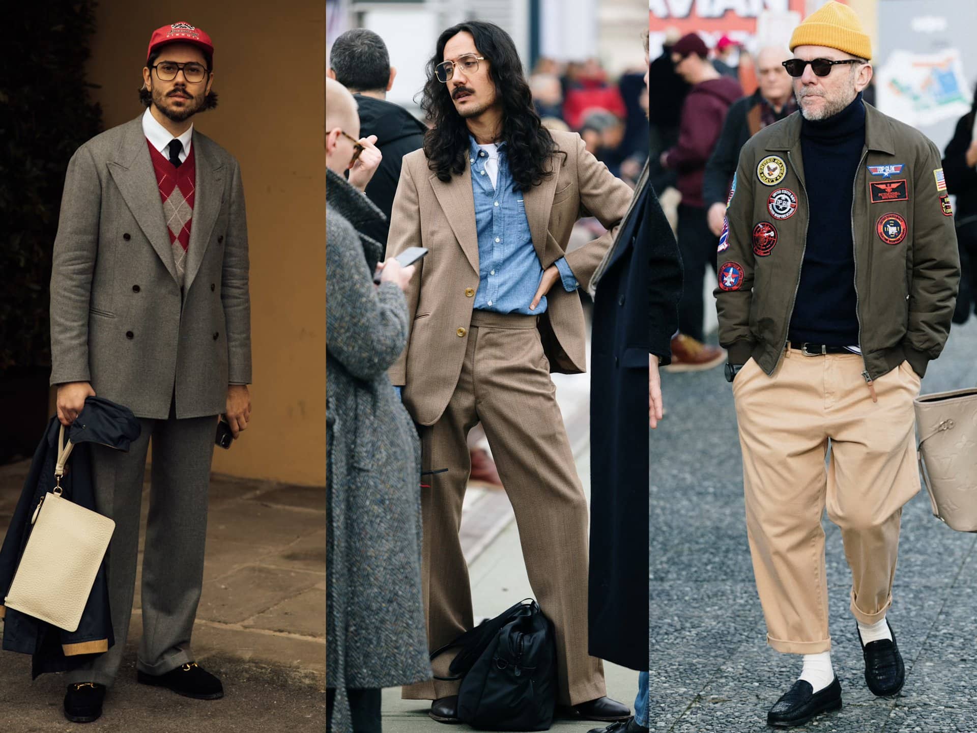 左／トラッドなセットアップをキャップでハズしているのが◎ 　中／スタイリングといい彼が醸し出している雰囲気といい、まさにパーフェクト！ 飾らないおしゃれが素敵です　右／この方はシルエットバランスがお上手。パンツ丈にも上級者の雰囲気が漂います