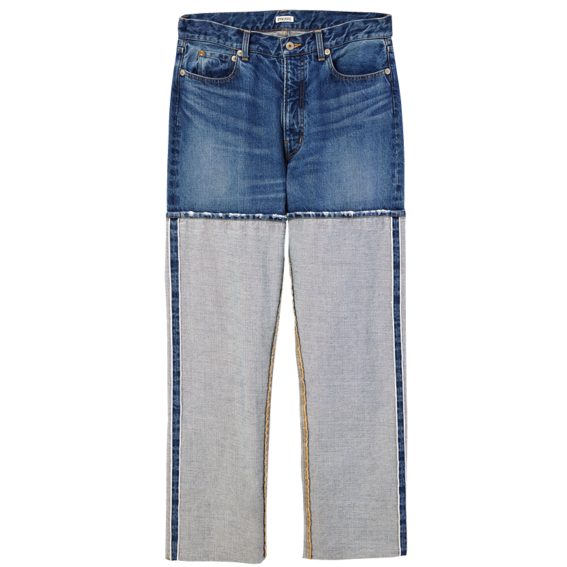 裾を股下までまくり上げた大胆なデザイン。デニムパンツ¥49,500（アンスクリア／アマン）