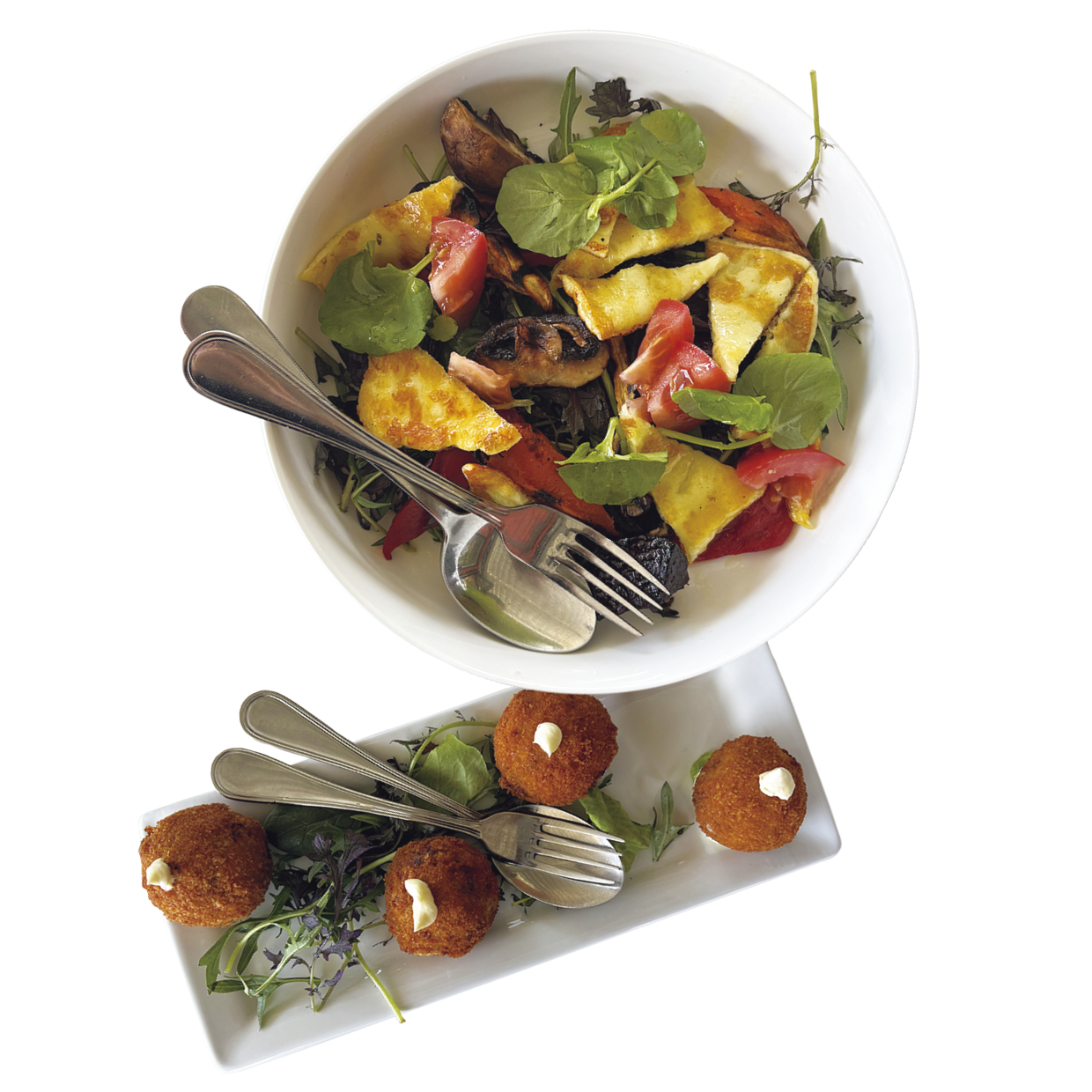 上から：Ceviche w coriander, chilli & kumara crisps ＄26、Fish croquettes with sour cream（4units） ＄22