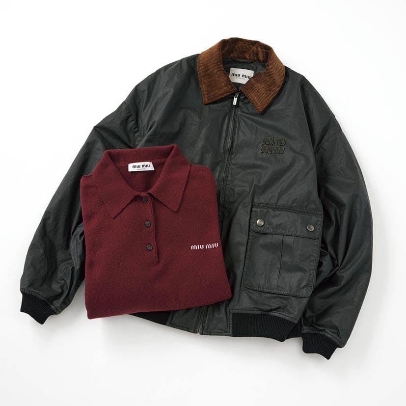 「ちょっとおじさんっぽいムードなのに、着ると一気に今っぽくなるのはさすがだなって」。ミュウミュウのジップブルゾン、ニット／共に本人私物