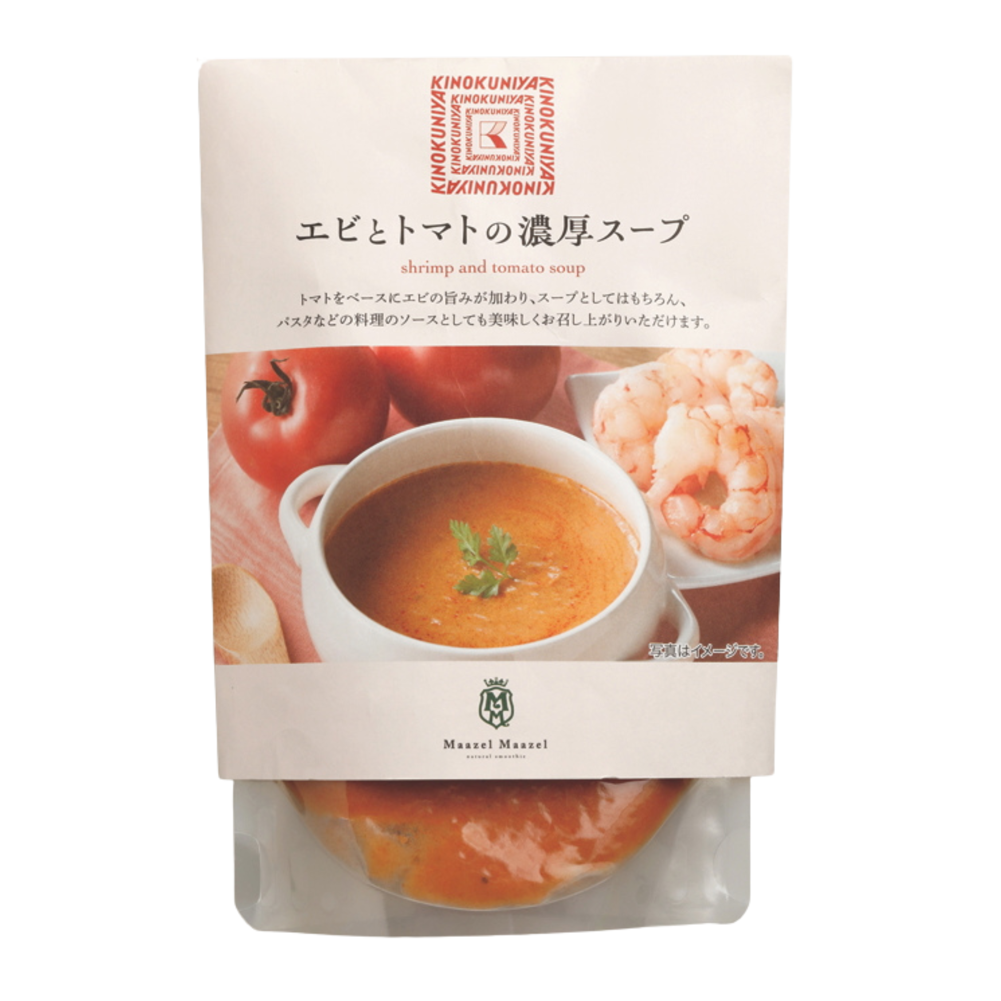 ほんのりと酸味のきいたトマトベースのスープにエビの旨みやコクが加わった一品。パスタなどの料理のソースとしてアレンジしても。￥538（紀ノ国屋）