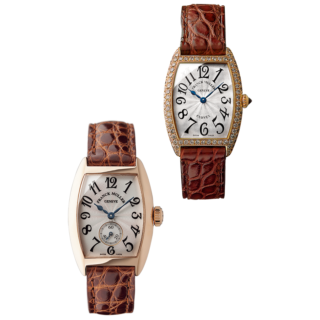 左からトノウ カーベックス［手巻き W25×H35㎜ K18PG］¥2,310,000、トノウ カーベックス ダイヤモンド ［クォーツ W25×H35㎜ K18PG×DIA］¥3,740,000（共にフランク ミュラー／フランク ミュラー ウォッチランド東京）