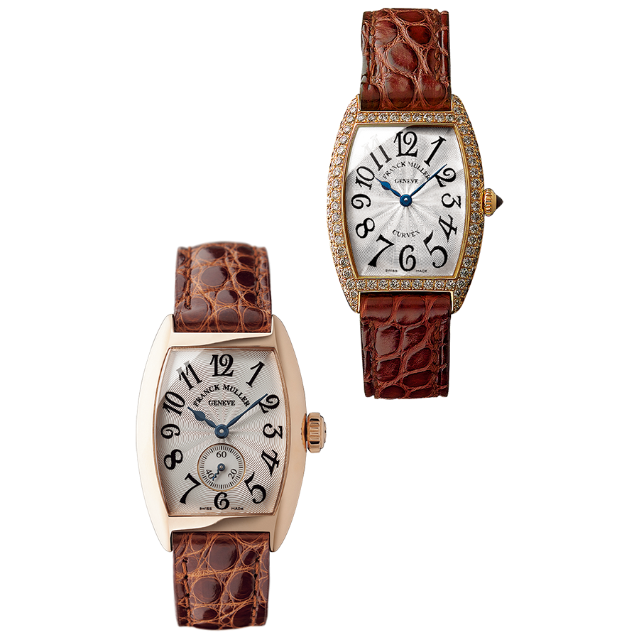 左からトノウ カーベックス［手巻き W25×H35㎜ K18PG］¥2,310,000、トノウ カーベックス ダイヤモンド ［クォーツ W25×H35㎜ K18PG×DIA］¥3,740,000（共にフランク ミュラー／フランク ミュラー ウォッチランド東京）