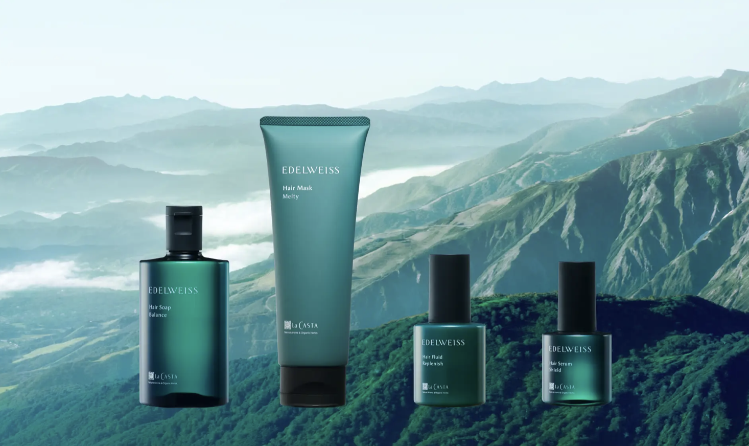 【エーデルワイス シリーズ】ヘアソープ バランス 285mL ¥3,850　ヘアマスク メルティ／ヘアマスク シルキー 各230g ￥4,070 　ヘアフルイド リプレニッシュ95mL ¥4,400　ヘアセラム シールド 80mL ¥4,620（ラ・カスタ）※3月4日発売