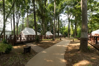 グランピングのテントは全9棟。全てデンマーク製の「ノルディクス アスガンド」の上質な居住空間で、暖房もあってぬくぬく♡