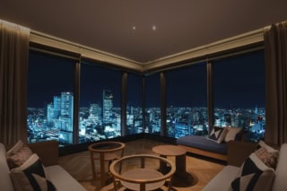 「プレミアムコーナーツインルーム 名古屋ステーションビュー」の煌びやかな夜景。