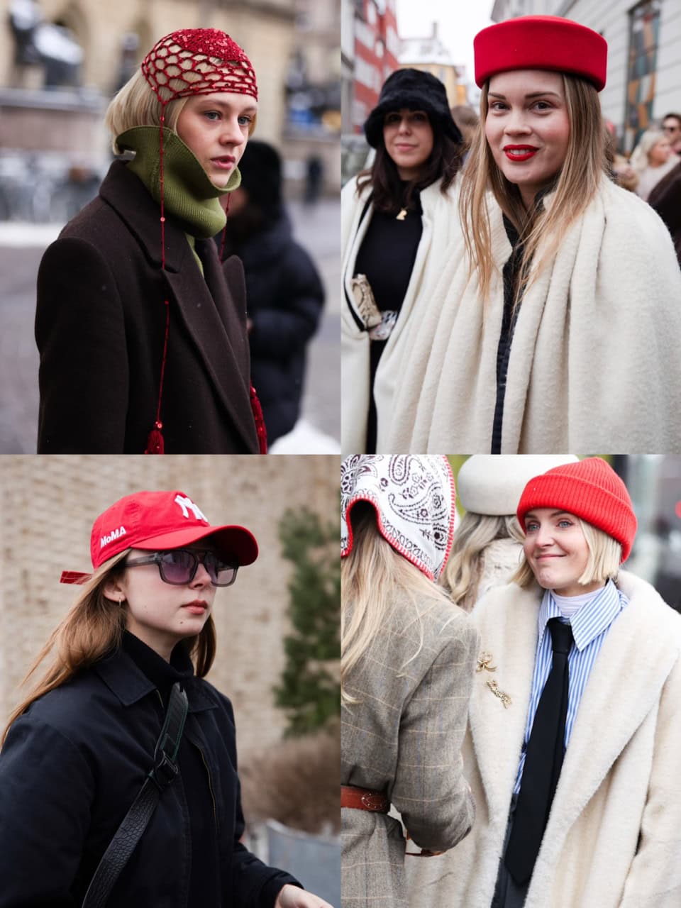帽子で赤を取り入れている人もかなり多かったです。顔まわりがパッと華やぐ感じもしますし、赤がより印象的に映る気がします