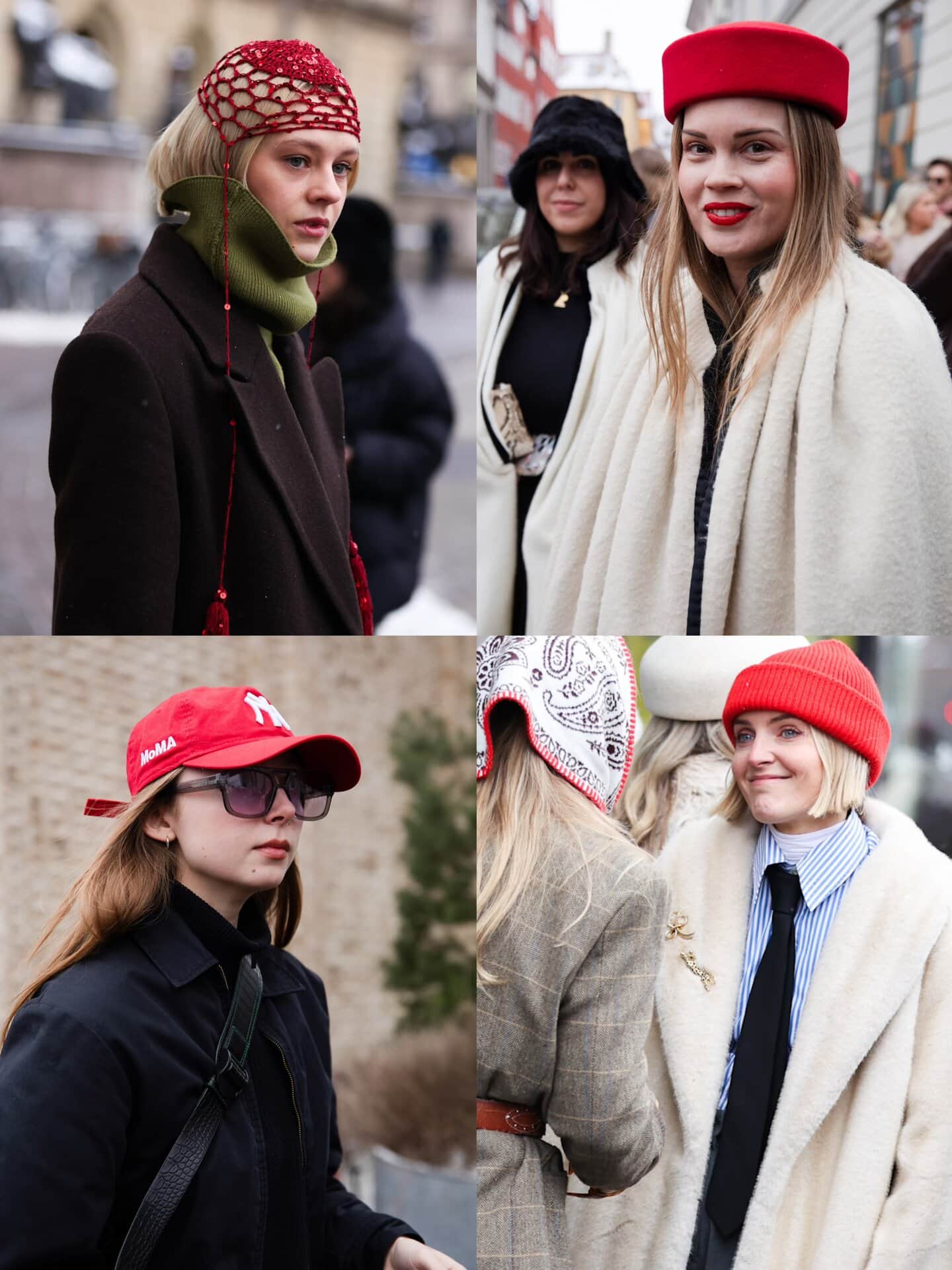 帽子で赤を取り入れている人もかなり多かったです。顔まわりがパッと華やぐ感じもしますし、赤がより印象的に映る気がします