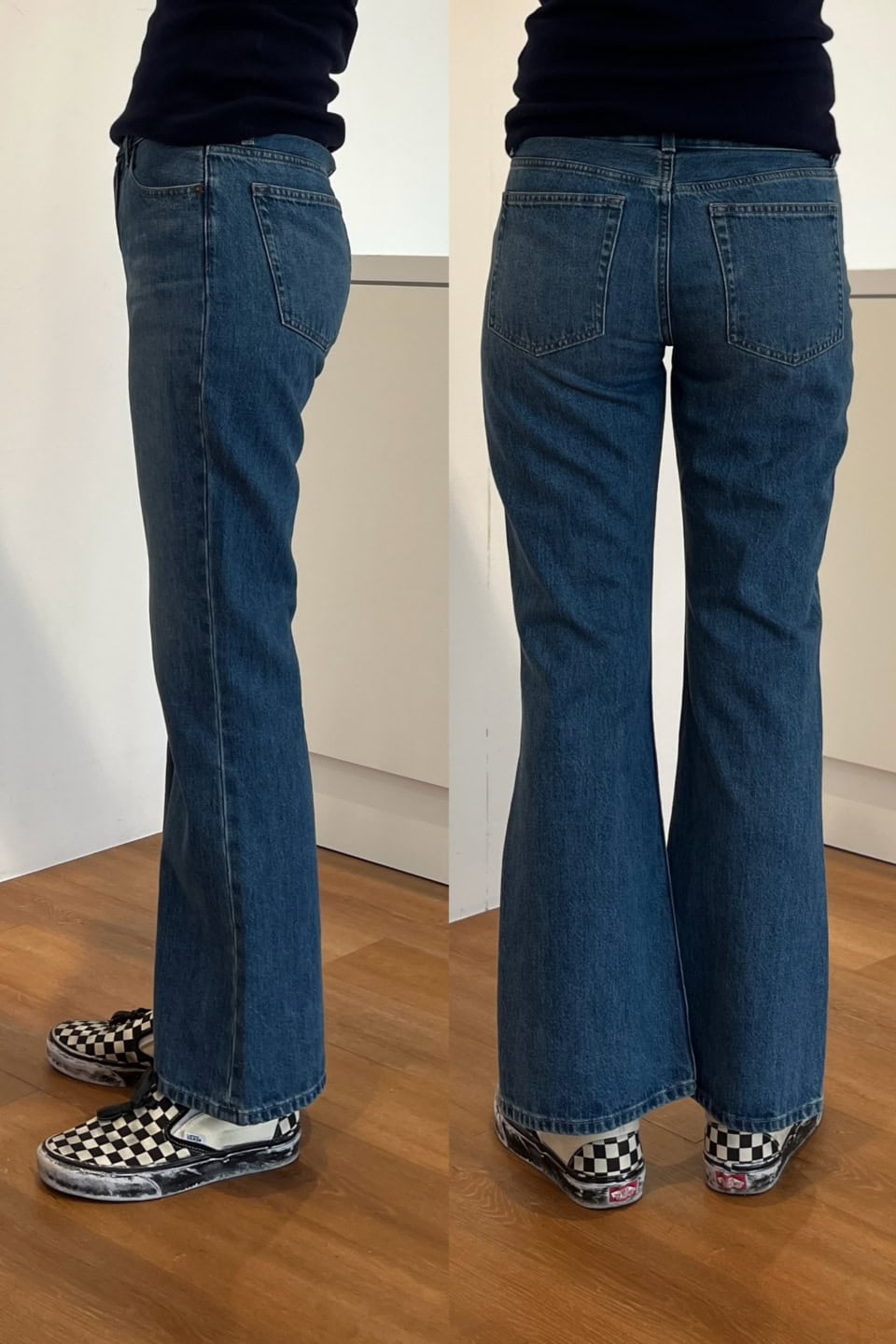 このブーツカット、本当にシルエットが絶妙じゃないですか？ 手前味噌で大変恐縮ですが、めっちゃ似合ってる、私（笑）。試着時はスリップオンスニーカーでしたが、バレエシューズとも合わせたい！