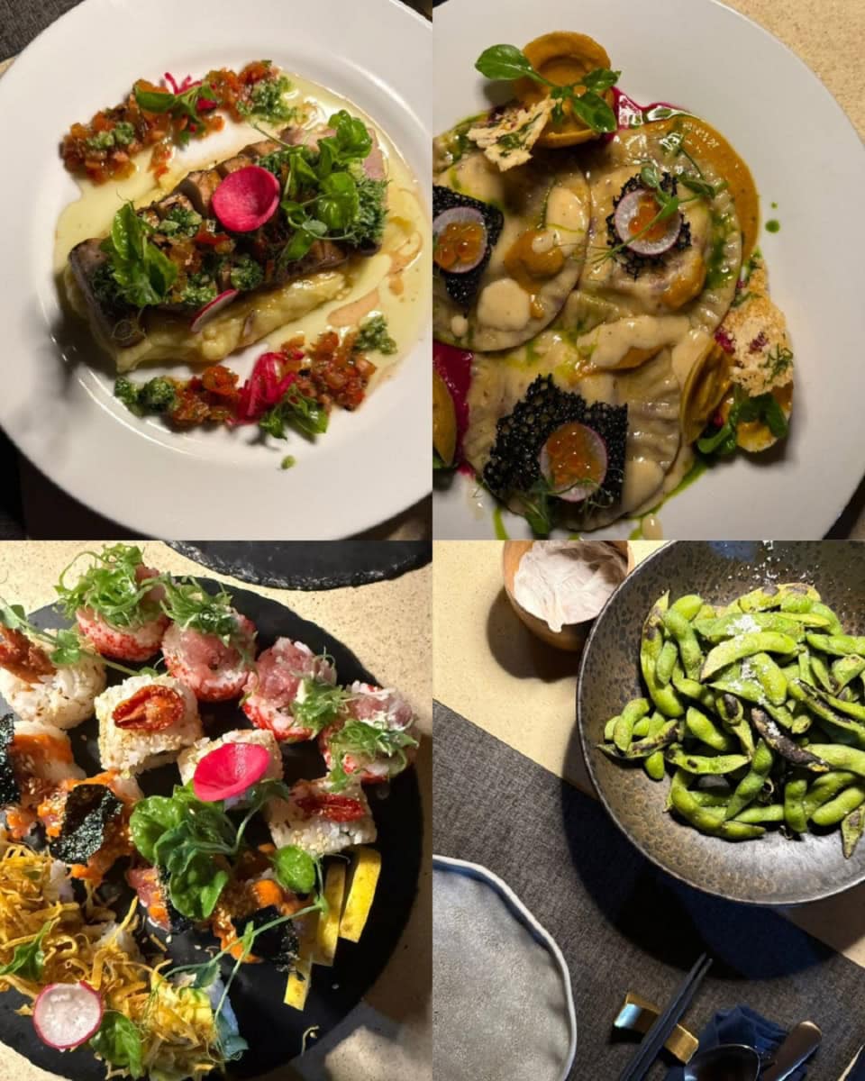 日本人シェフが作るモダンジャパニーズ。美しい見た目もさることながらホッとする枝豆やロール寿司。もちろん魚介もとっても美味！